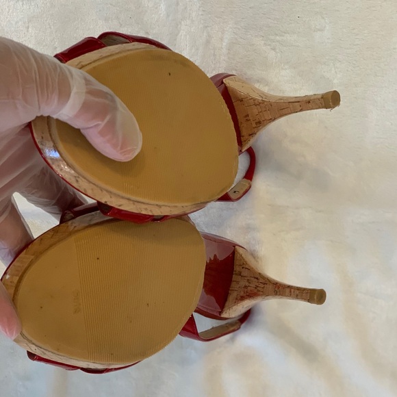 Stuart Weitzman Red Patent Slingback Platform Sandal Heel w/Cork Heels, Worn 1X! - Picture 8 of 11